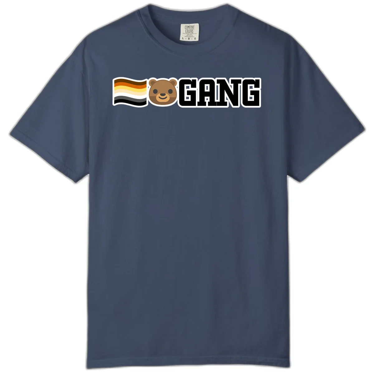 Bear gang pride design with smiling brown bear face, bear pride flag stripes, and bold 'GANG' text in Midnight