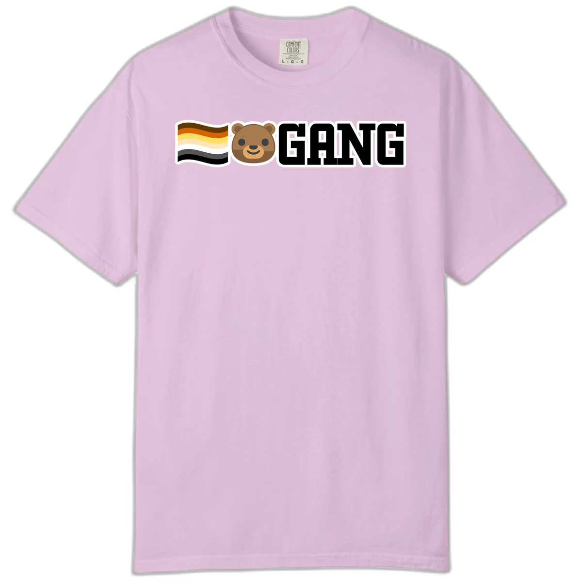 Bear gang pride design with smiling brown bear face, bear pride flag stripes, and bold 'GANG' text in Orchid