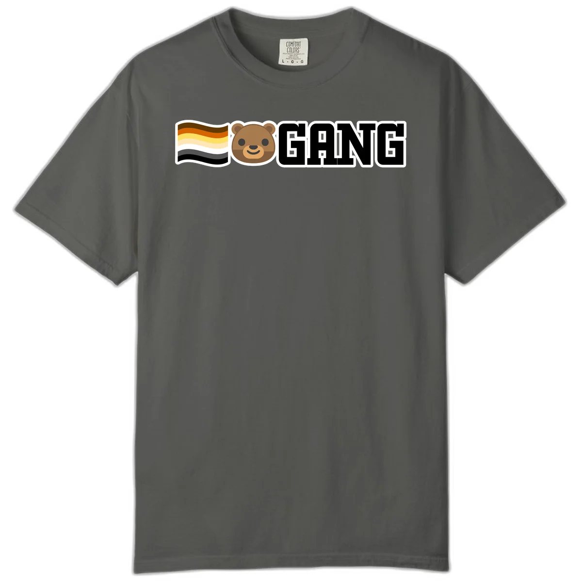 Bear gang pride design with smiling brown bear face, bear pride flag stripes, and bold 'GANG' text in Pepper