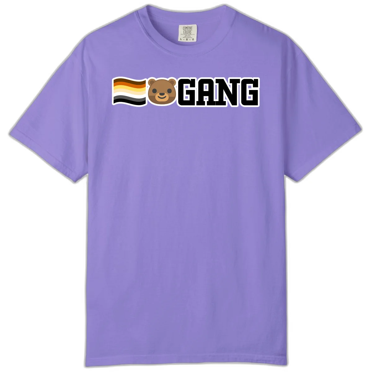 Bear gang pride design with smiling brown bear face, bear pride flag stripes, and bold 'GANG' text in Violet