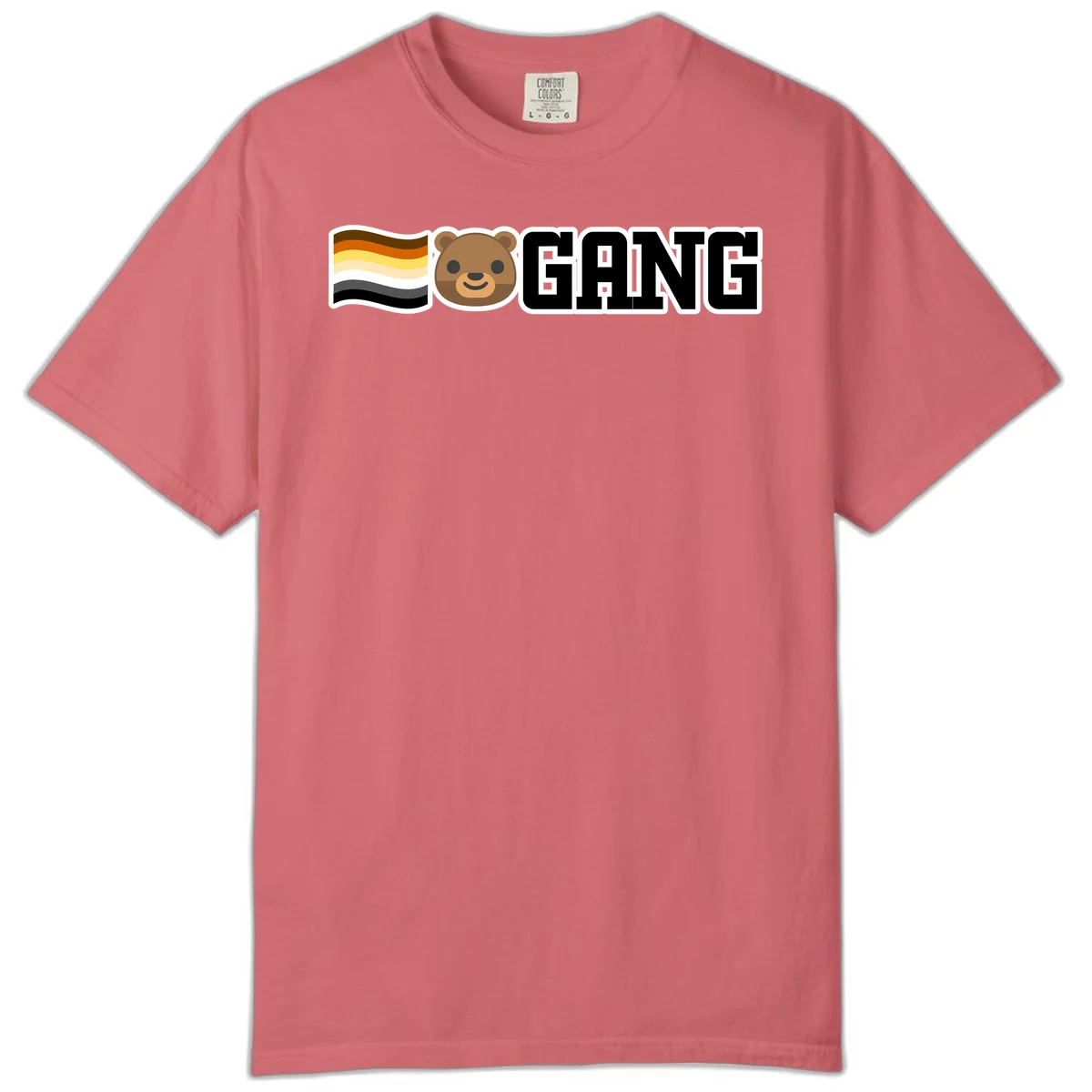 Bear gang pride design with smiling brown bear face, bear pride flag stripes, and bold 'GANG' text in Watermelon