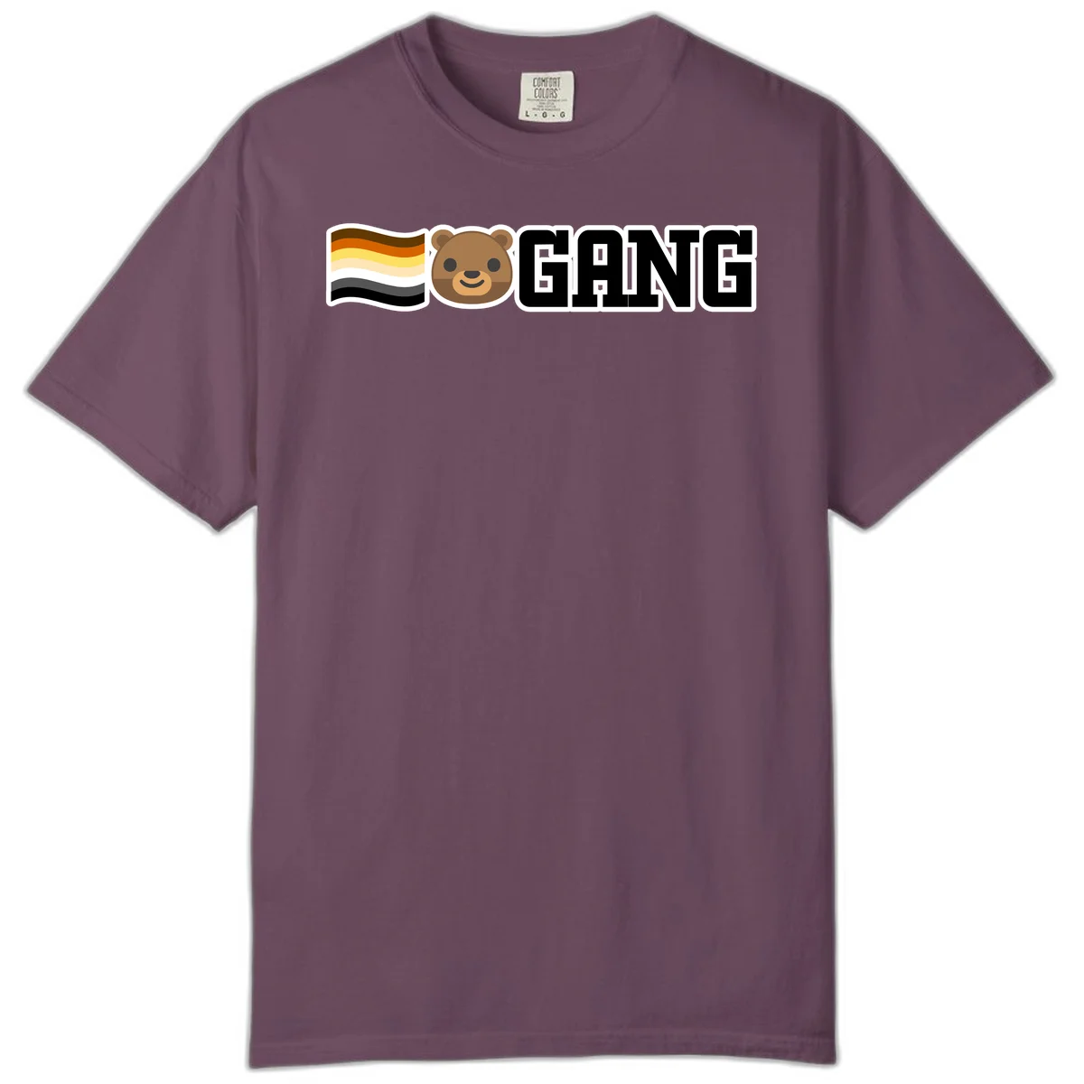 Bear gang pride design with smiling brown bear face, bear pride flag stripes, and bold 'GANG' text in Berry
