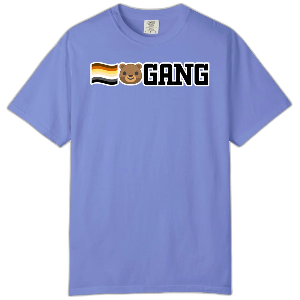 Bear gang pride design with smiling brown bear face, bear pride flag stripes, and bold 'GANG' text in Flo Blue