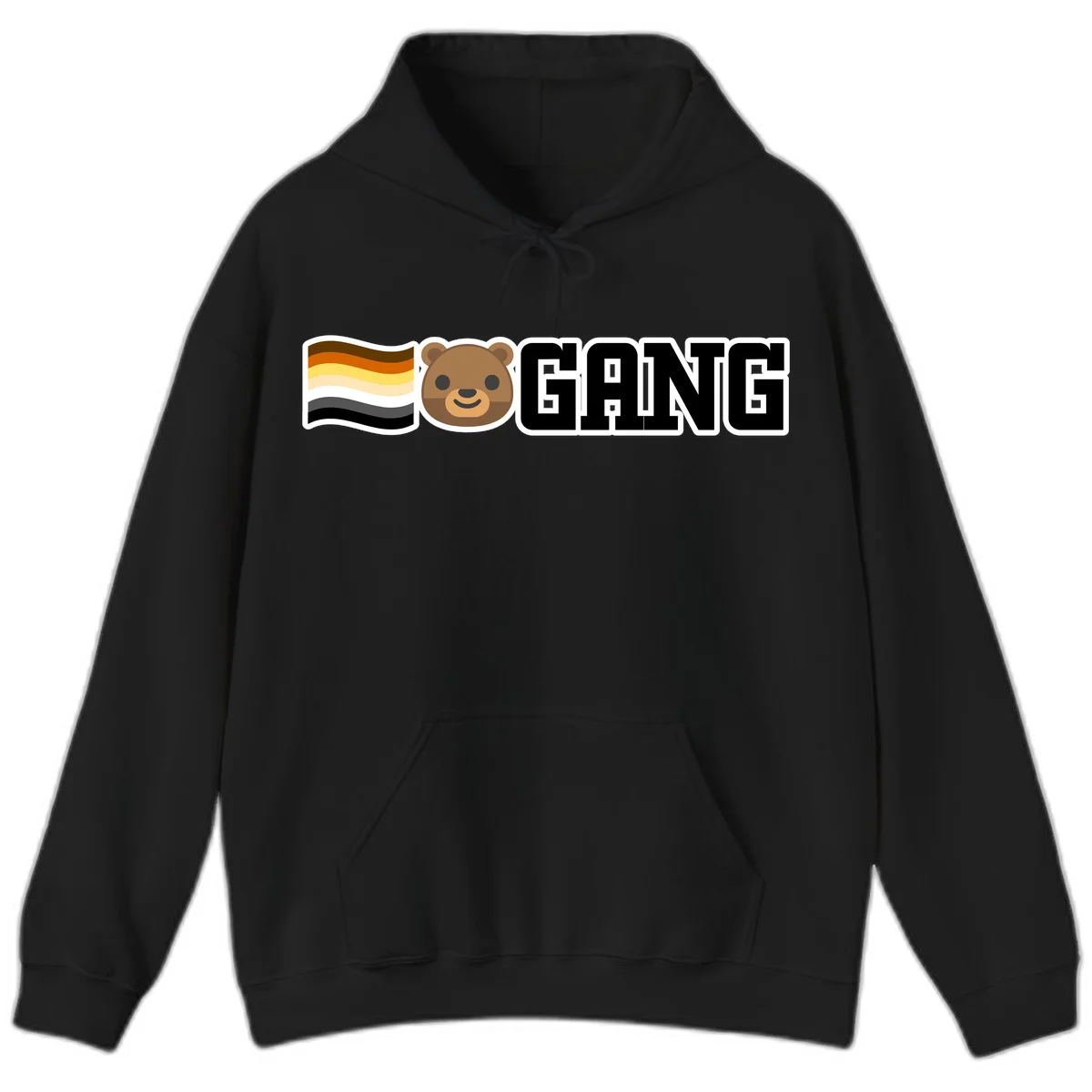 Bear gang pride design with smiling brown bear face, bear pride flag stripes, and bold 'GANG' text in Black