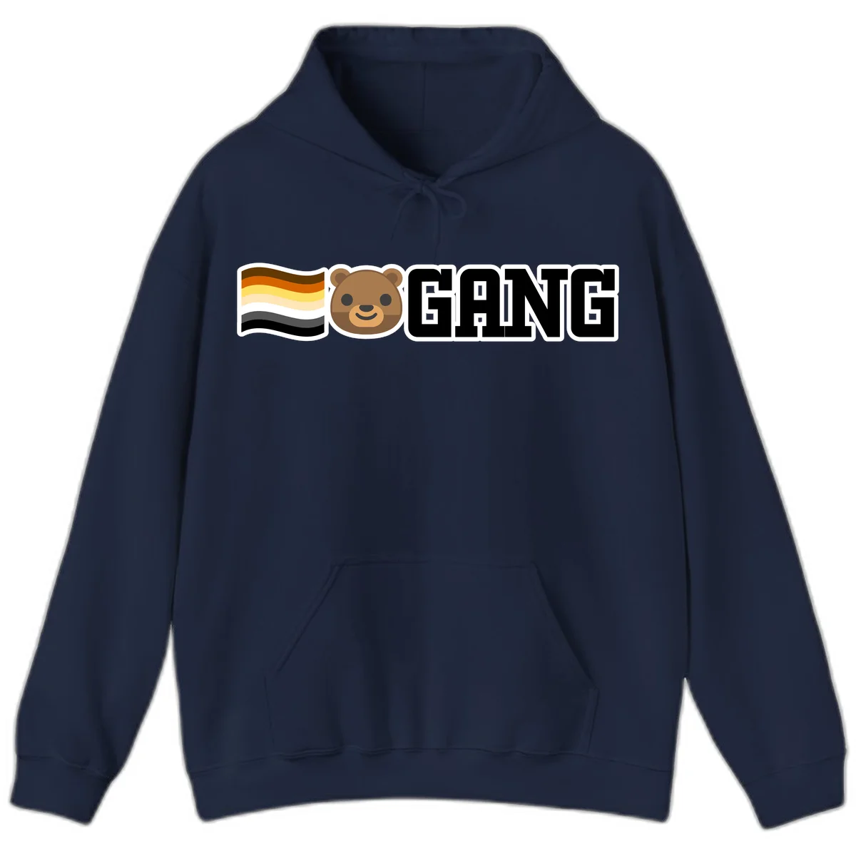 Bear gang pride design with smiling brown bear face, bear pride flag stripes, and bold 'GANG' text in Navy
