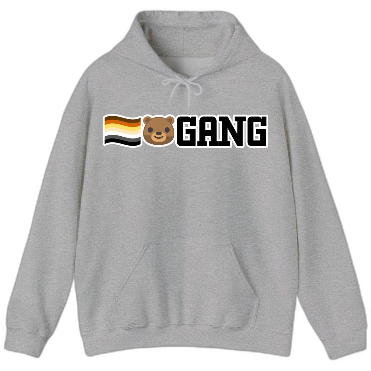 Bear gang pride design with smiling brown bear face, bear pride flag stripes, and bold 'GANG' text in Sport Grey