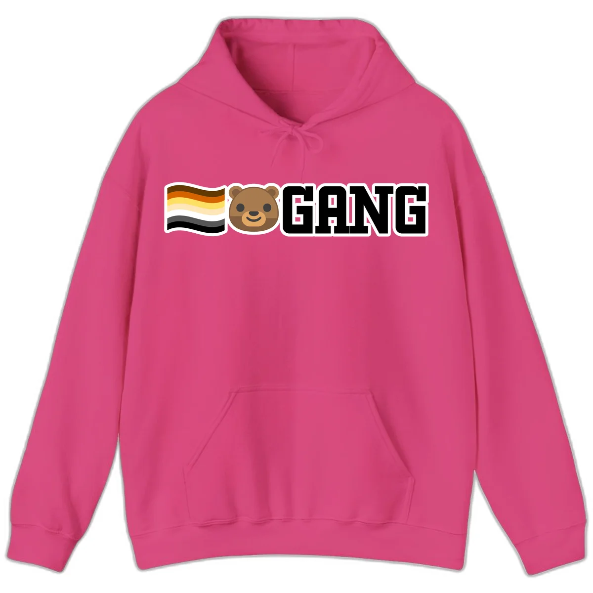 Bear gang pride design with smiling brown bear face, bear pride flag stripes, and bold 'GANG' text in Heliconia