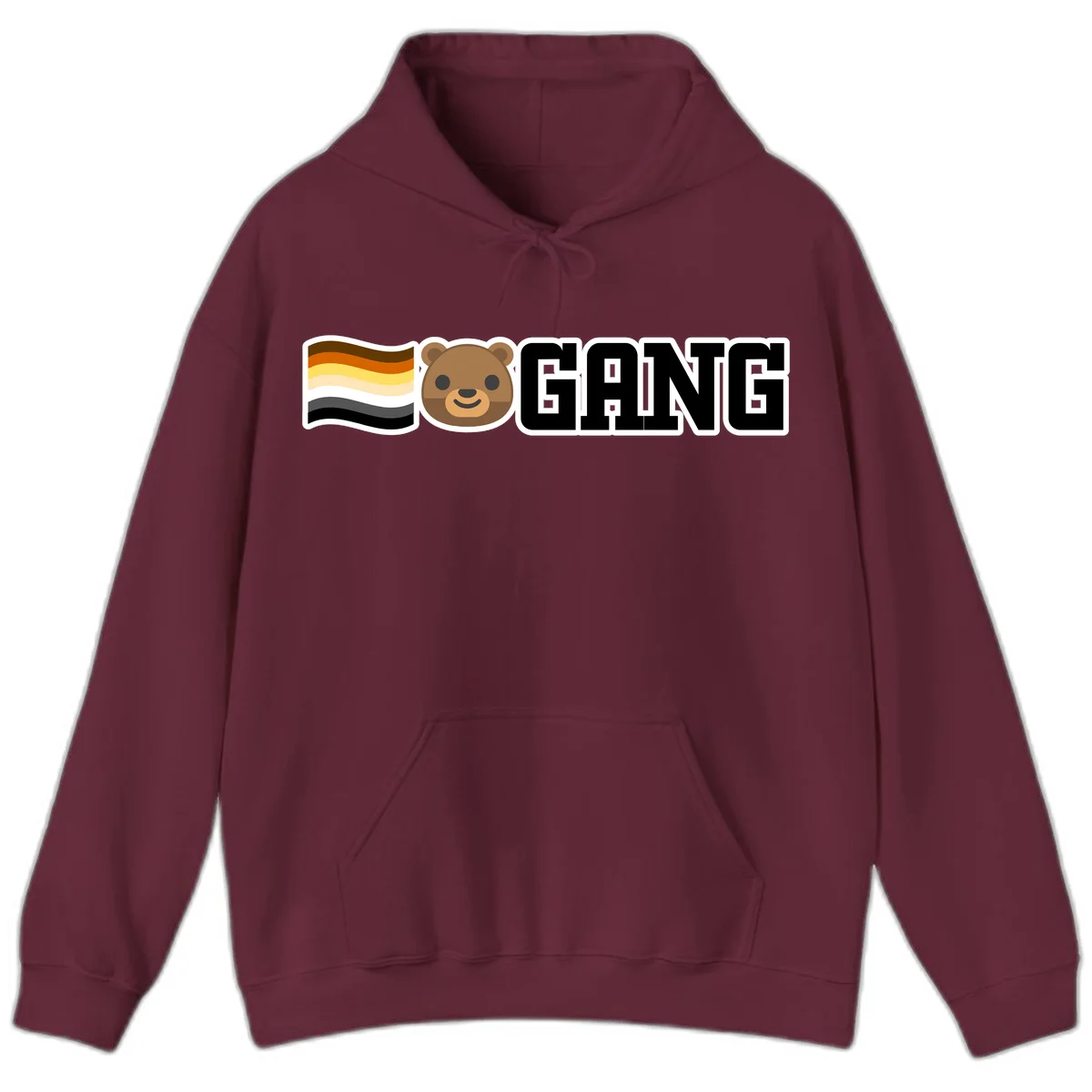 Bear gang pride design with smiling brown bear face, bear pride flag stripes, and bold 'GANG' text in Maroon