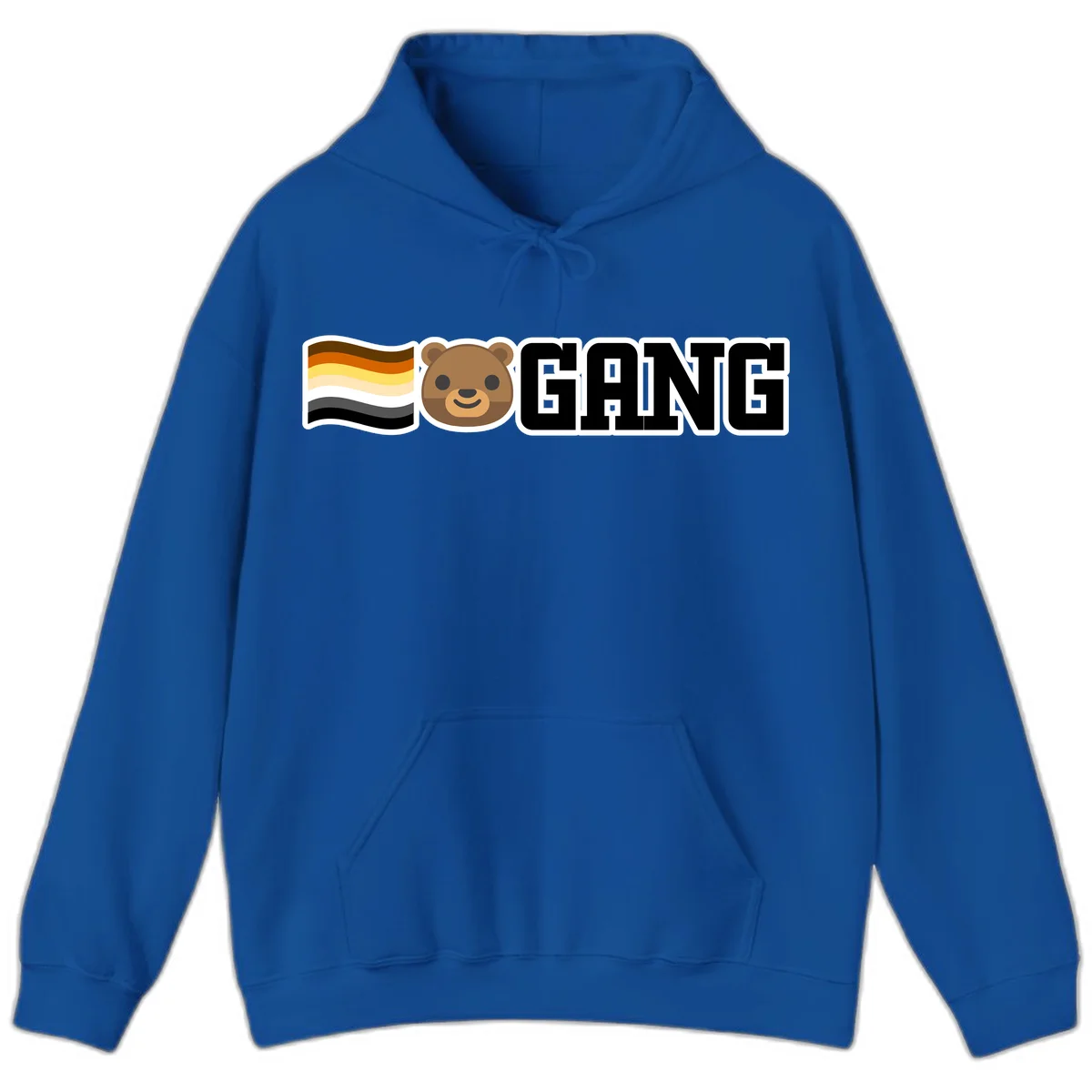 Bear gang pride design with smiling brown bear face, bear pride flag stripes, and bold 'GANG' text in Royal
