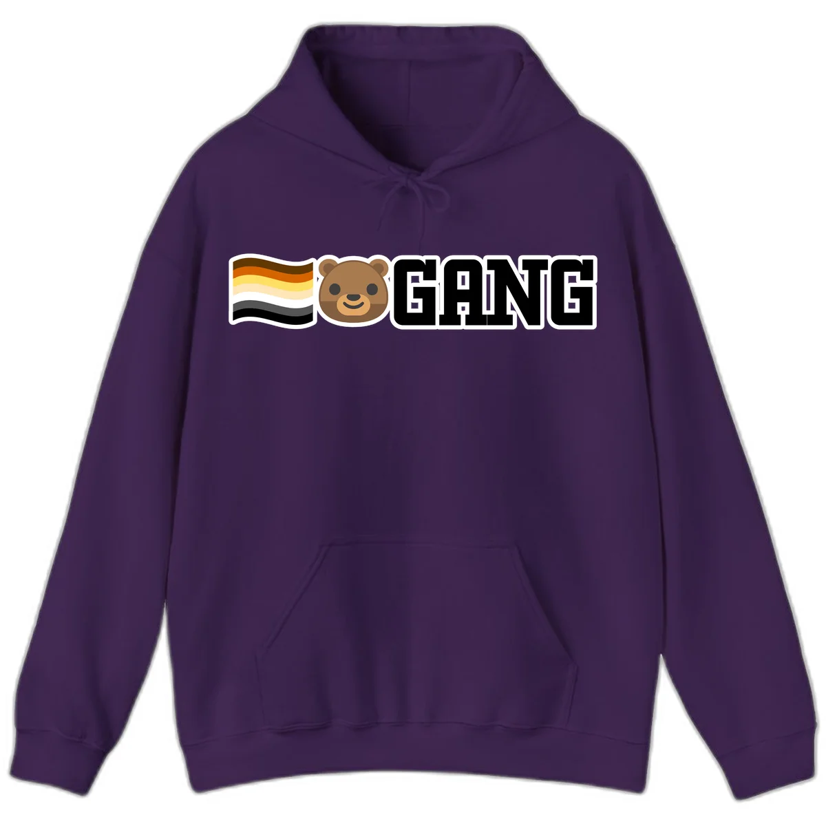 Bear gang pride design with smiling brown bear face, bear pride flag stripes, and bold 'GANG' text in Purple