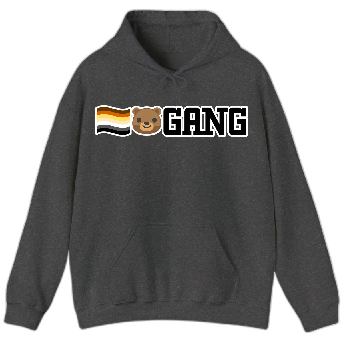 Bear gang pride design with smiling brown bear face, bear pride flag stripes, and bold 'GANG' text in Dark Heather