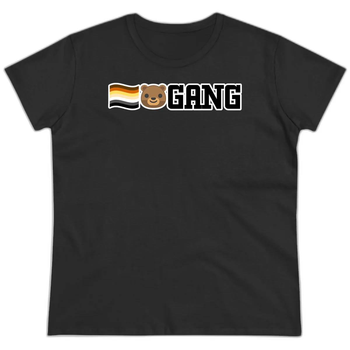 Bear gang pride design with smiling brown bear face, bear pride flag stripes, and bold 'GANG' text in Black