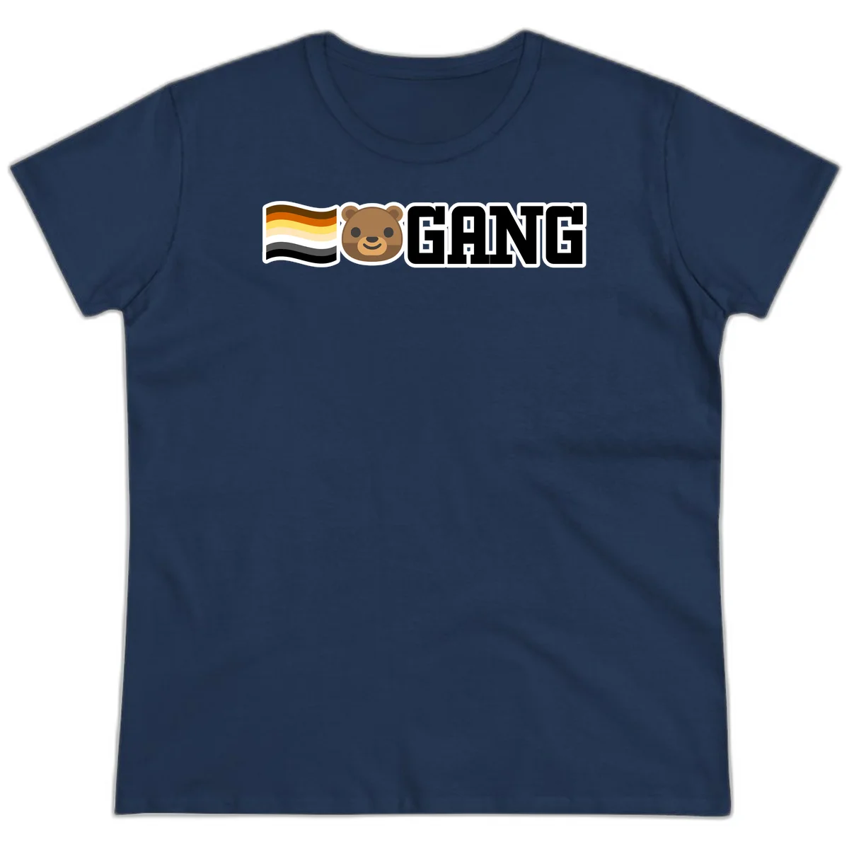 Bear gang pride design with smiling brown bear face, bear pride flag stripes, and bold 'GANG' text in Navy