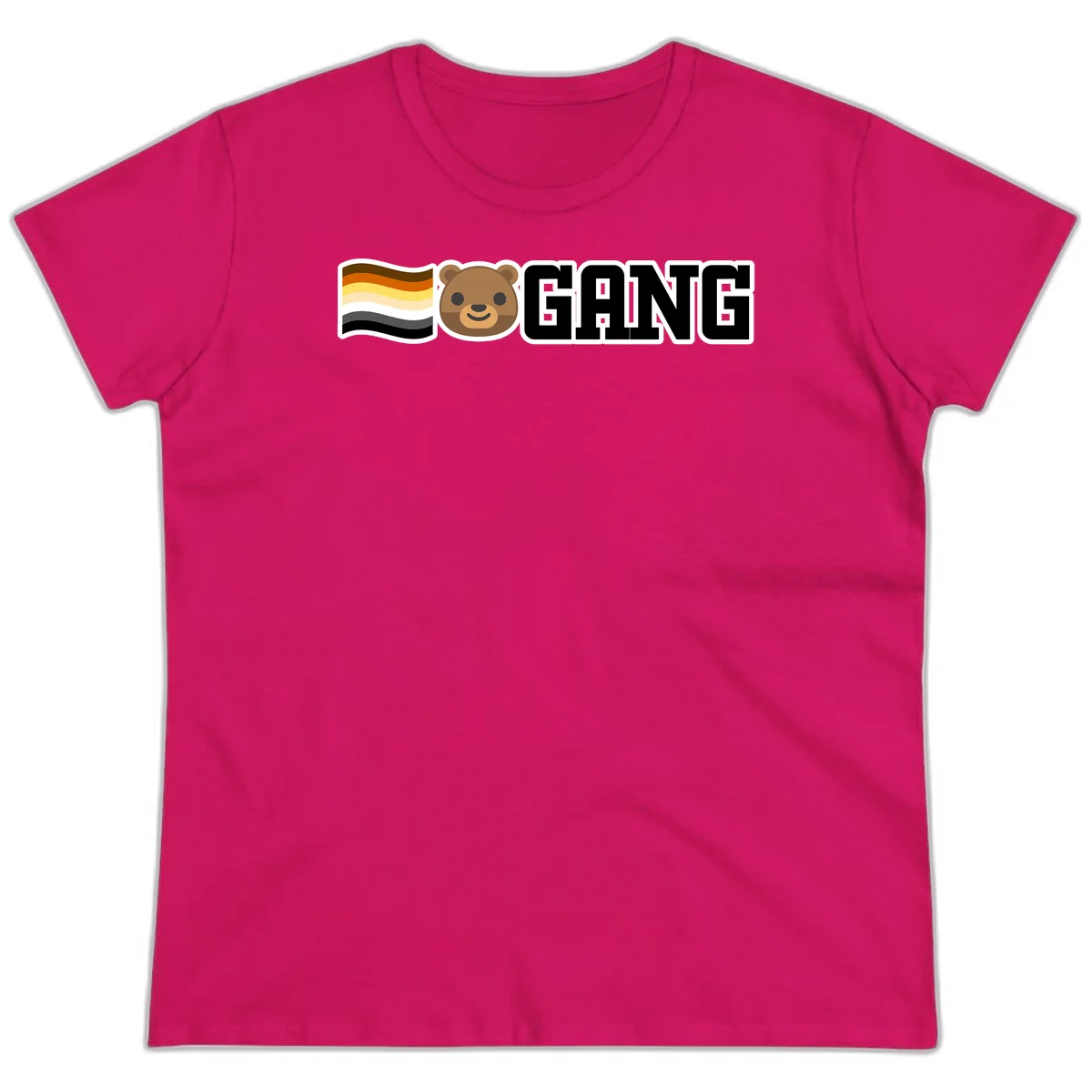 Bear gang pride design with smiling brown bear face, bear pride flag stripes, and bold 'GANG' text in Heliconia