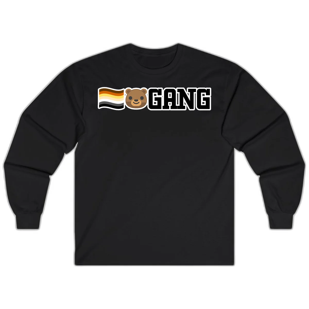 Bear gang pride design with smiling brown bear face, bear pride flag stripes, and bold 'GANG' text in Black