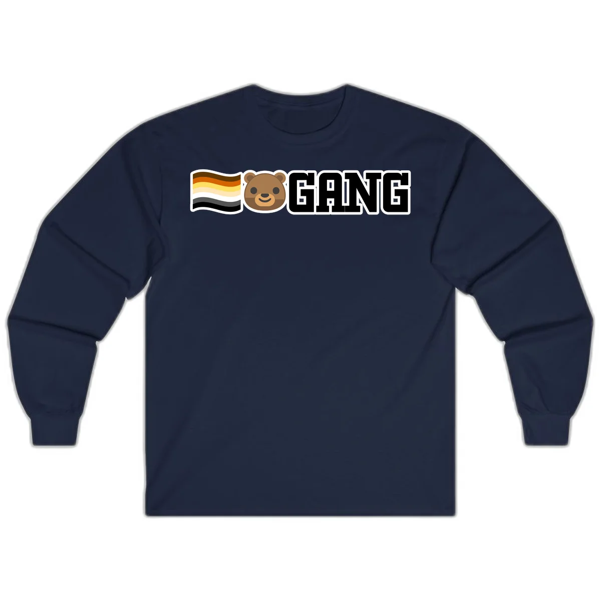 Bear gang pride design with smiling brown bear face, bear pride flag stripes, and bold 'GANG' text in Navy