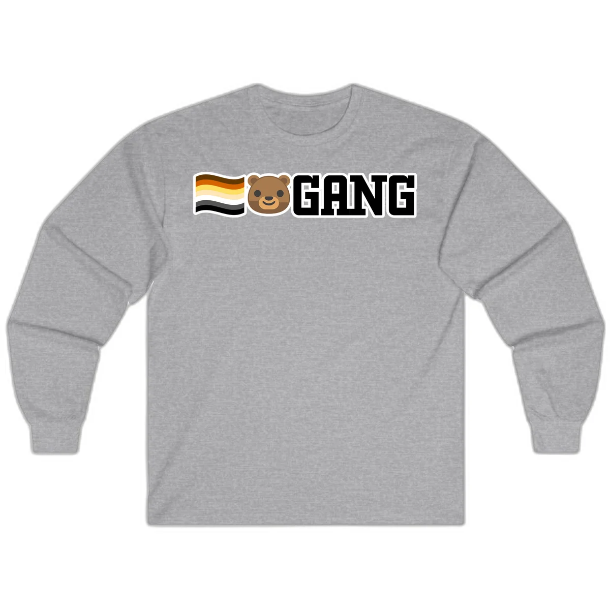 Bear gang pride design with smiling brown bear face, bear pride flag stripes, and bold 'GANG' text in Sport Grey