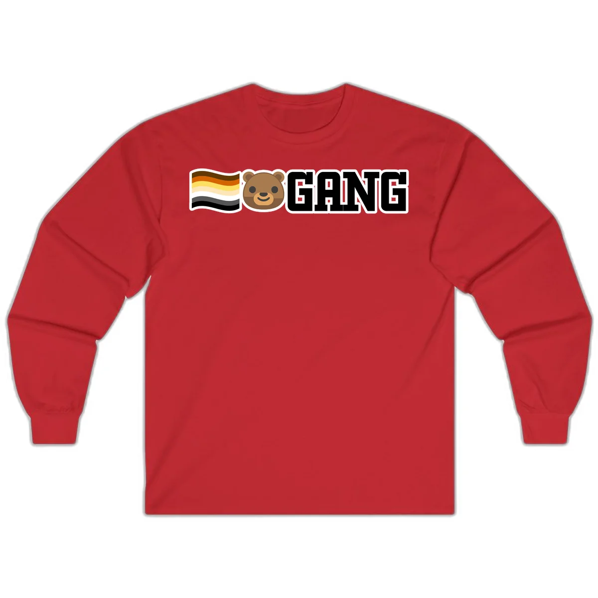 Bear gang pride design with smiling brown bear face, bear pride flag stripes, and bold 'GANG' text in Red