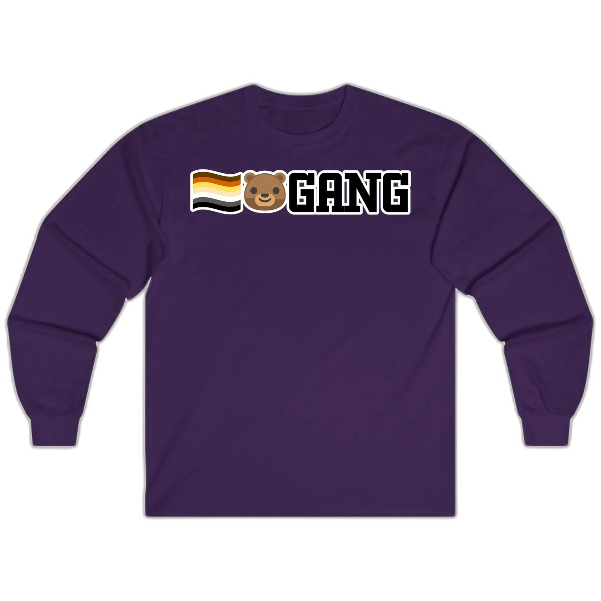 Bear gang pride design with smiling brown bear face, bear pride flag stripes, and bold 'GANG' text in Purple