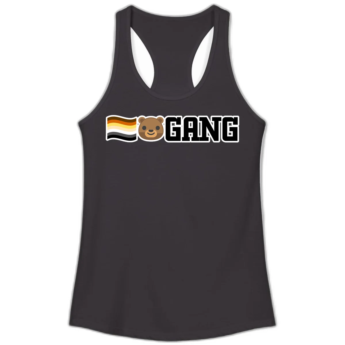 Bear gang pride design with smiling brown bear face, bear pride flag stripes, and bold 'GANG' text in Black