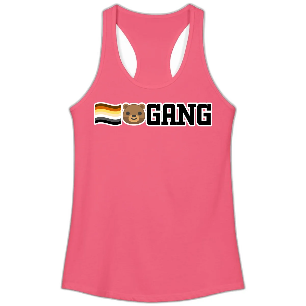 Bear gang pride design with smiling brown bear face, bear pride flag stripes, and bold 'GANG' text in Hot Pink
