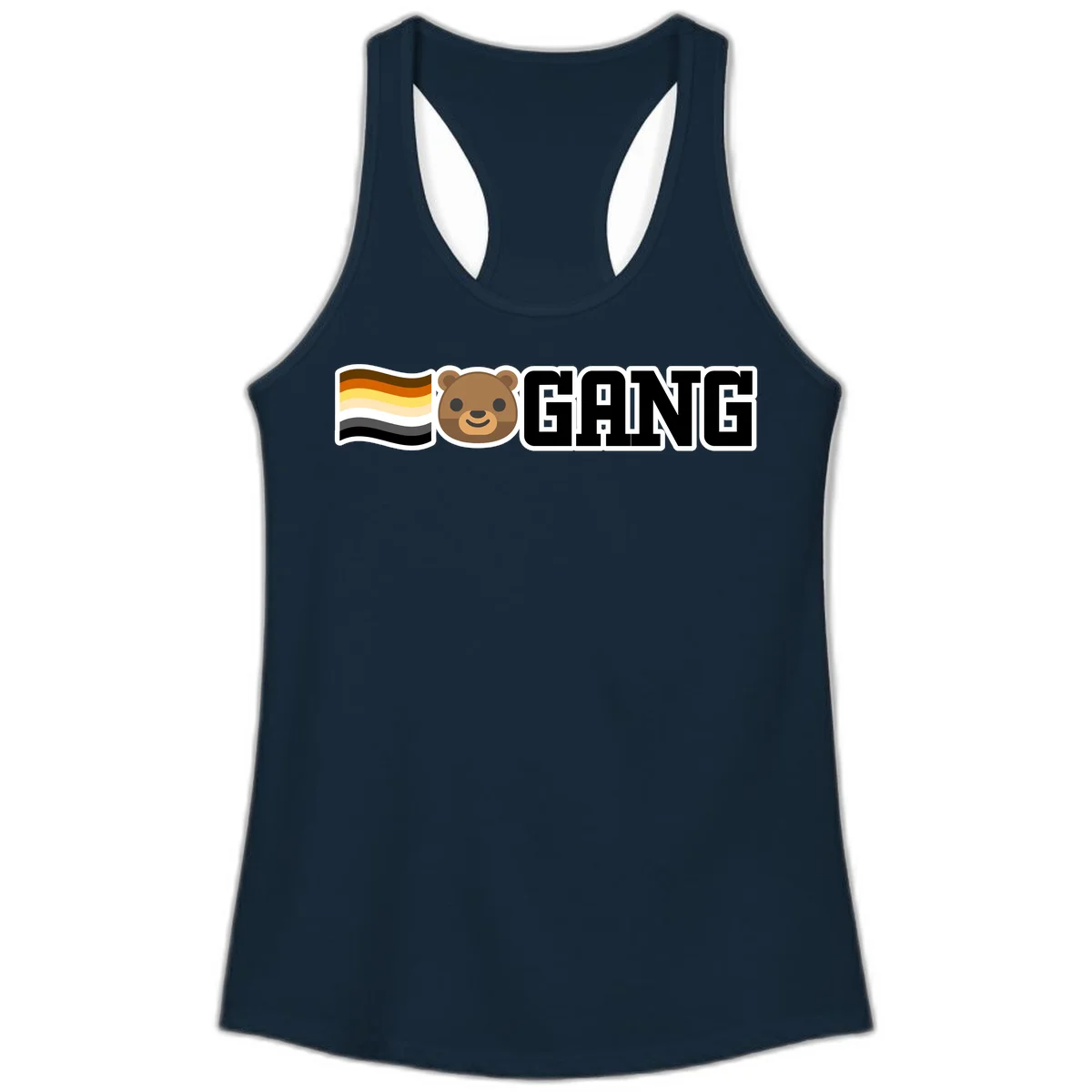 Bear gang pride design with smiling brown bear face, bear pride flag stripes, and bold 'GANG' text in Solid Midnight Navy
