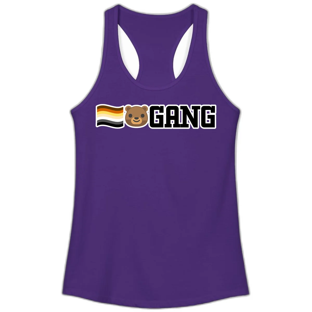 Bear gang pride design with smiling brown bear face, bear pride flag stripes, and bold 'GANG' text in Solid Purple Rush
