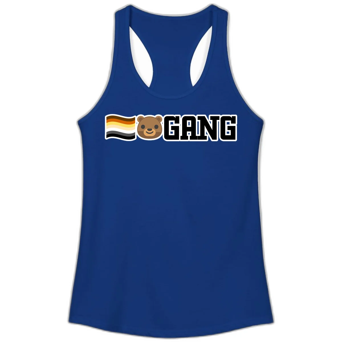 Bear gang pride design with smiling brown bear face, bear pride flag stripes, and bold 'GANG' text in Solid Royal
