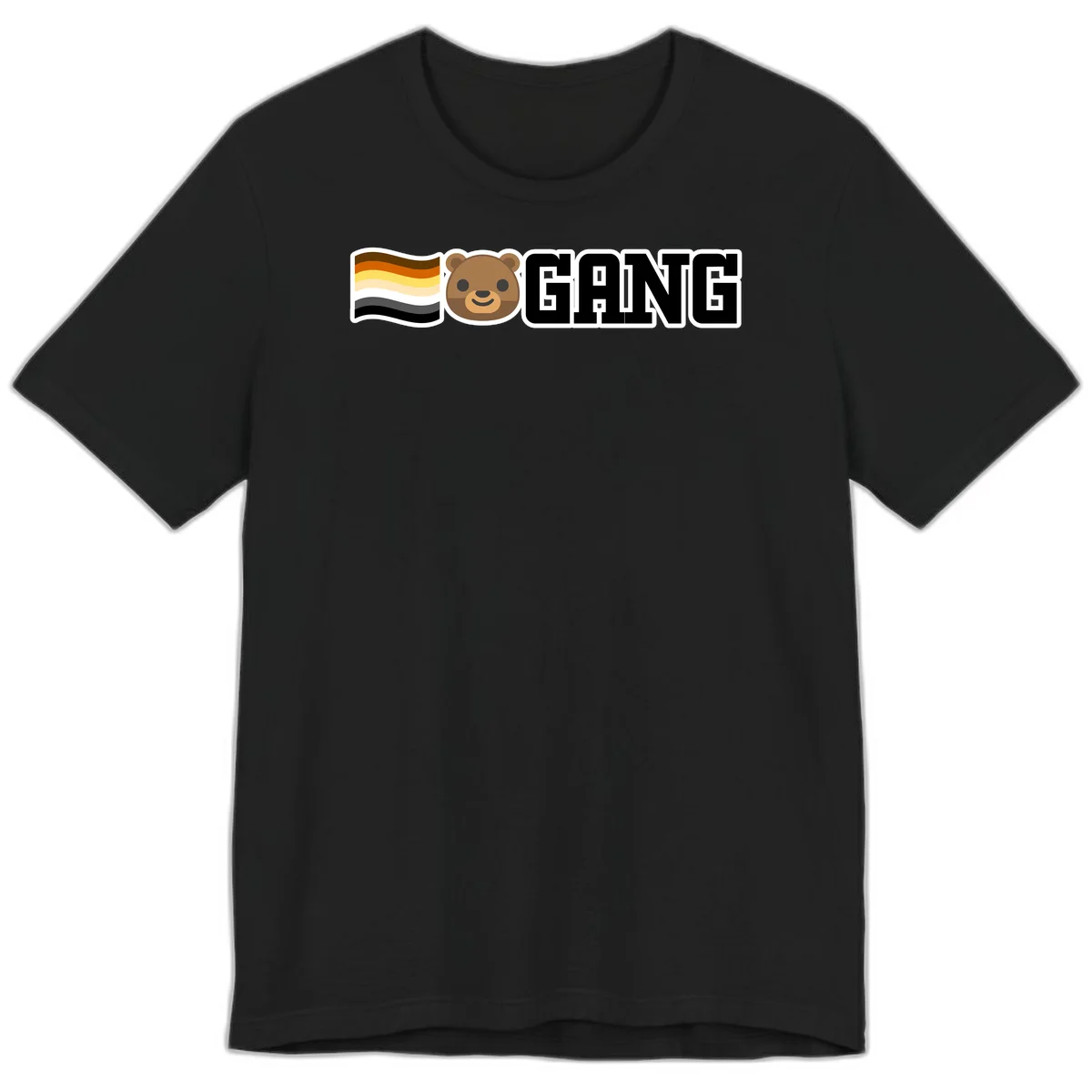 Bear gang pride design with smiling brown bear face, bear pride flag stripes, and bold 'GANG' text in Black