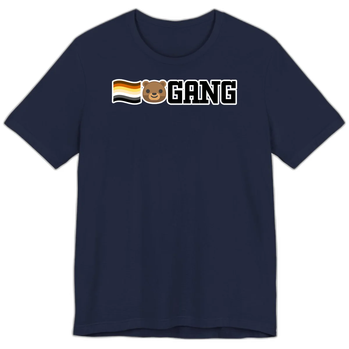 Bear gang pride design with smiling brown bear face, bear pride flag stripes, and bold 'GANG' text in Navy