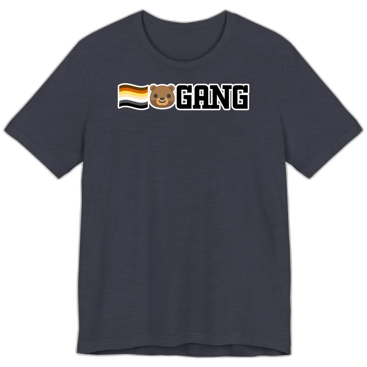 Bear gang pride design with smiling brown bear face, bear pride flag stripes, and bold 'GANG' text in Heather Midnight Navy