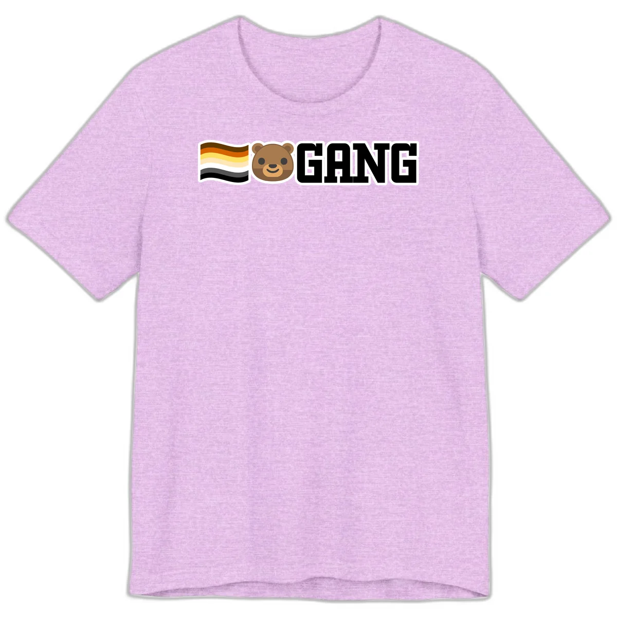 Bear gang pride design with smiling brown bear face, bear pride flag stripes, and bold 'GANG' text in Heather Prism Lilac