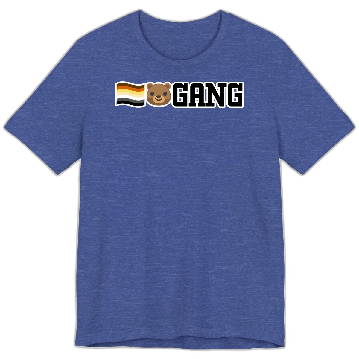 Bear gang pride design with smiling brown bear face, bear pride flag stripes, and bold 'GANG' text in Heather True Royal