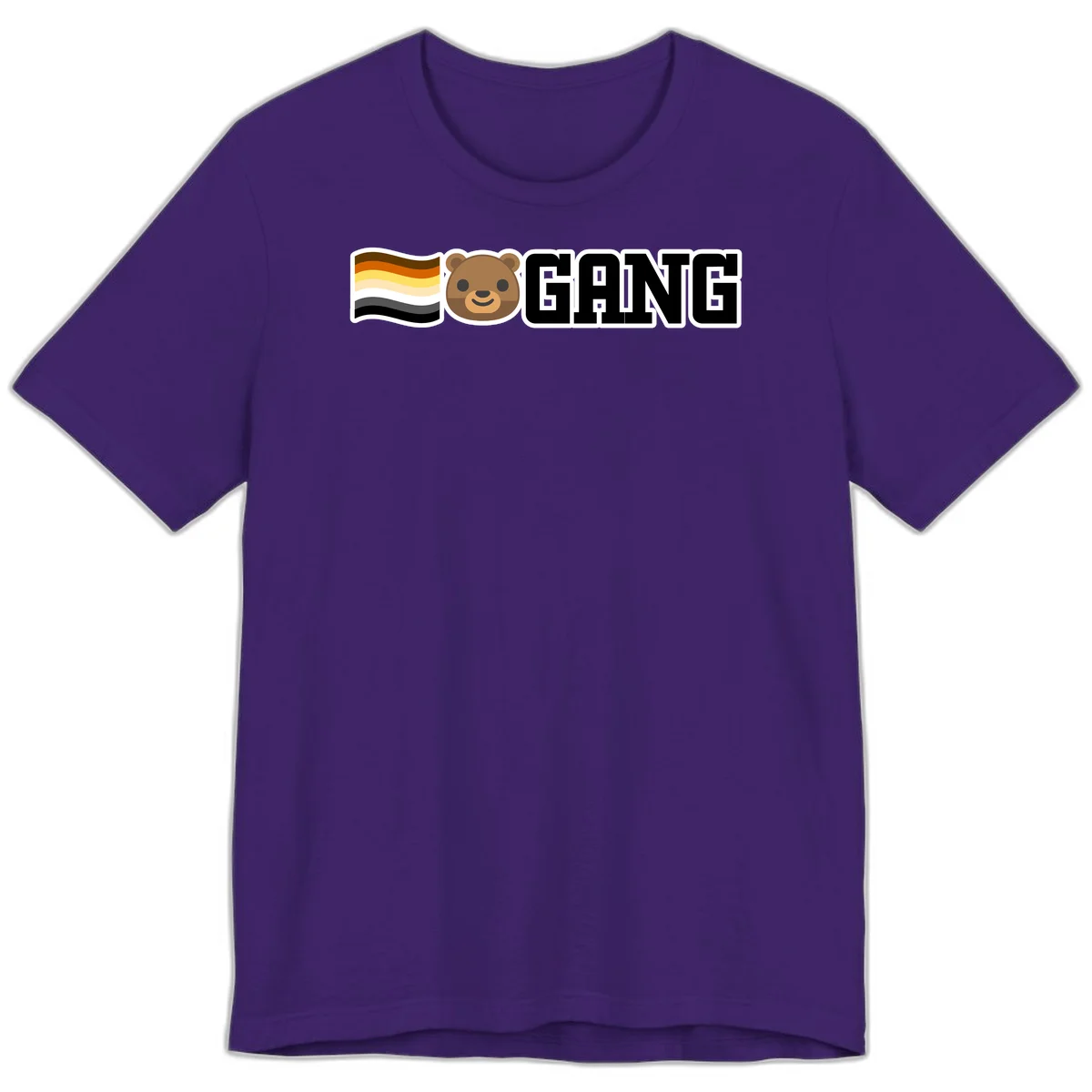 Bear gang pride design with smiling brown bear face, bear pride flag stripes, and bold 'GANG' text in Team Purple