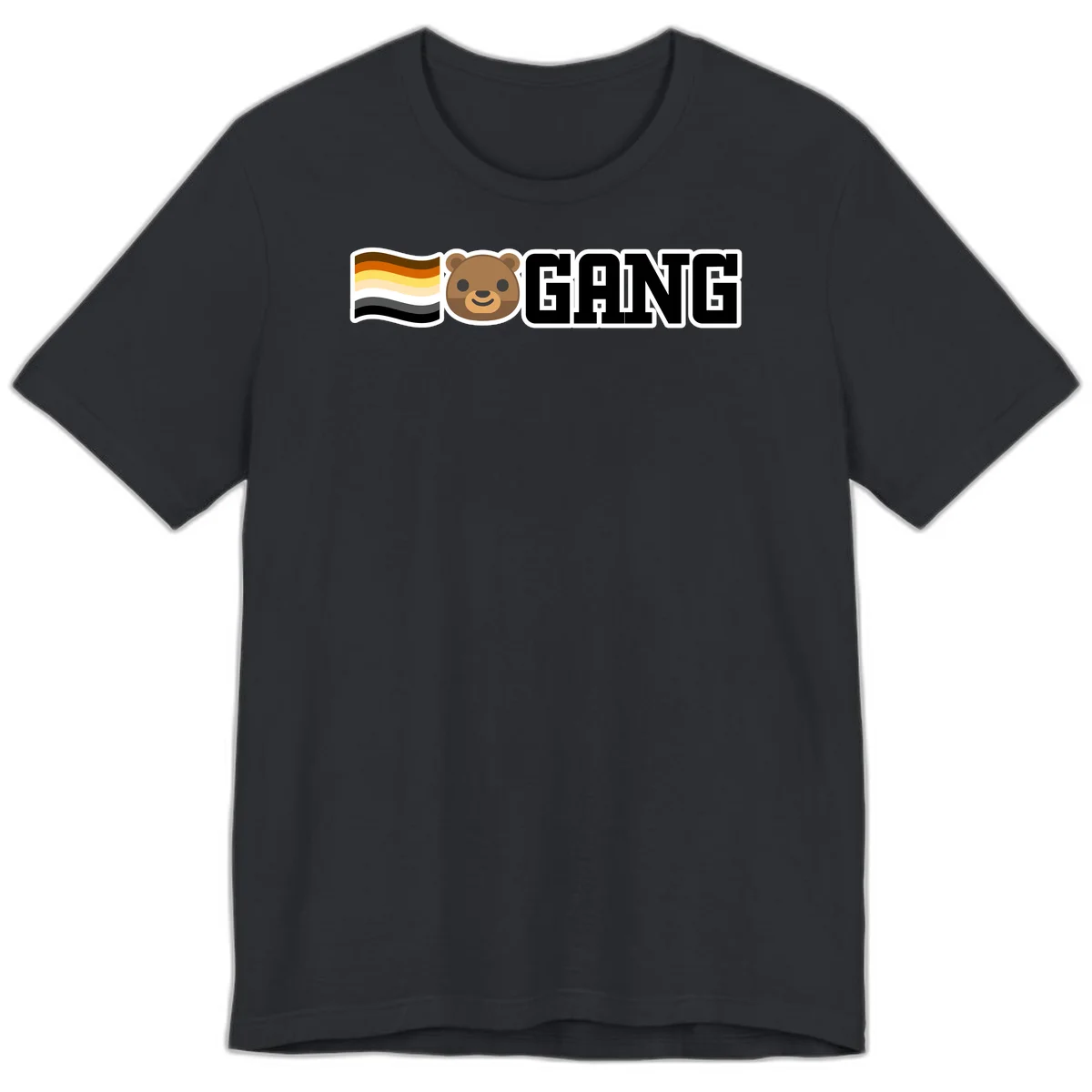 Bear gang pride design with smiling brown bear face, bear pride flag stripes, and bold 'GANG' text in Vintage Black