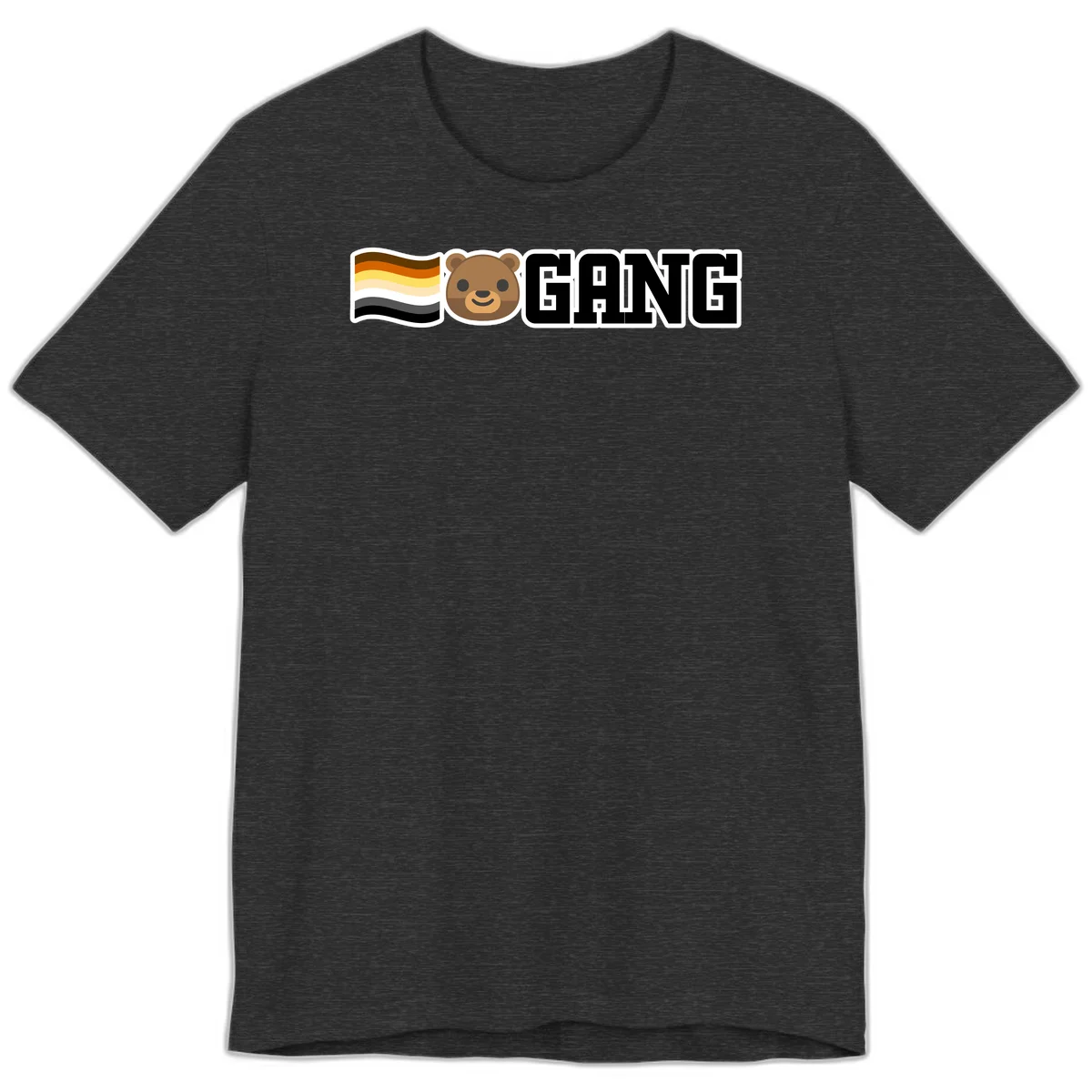Bear gang pride design with smiling brown bear face, bear pride flag stripes, and bold 'GANG' text in Dark Grey Heather