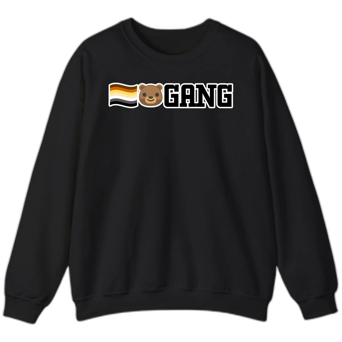Bear gang pride design with smiling brown bear face, bear pride flag stripes, and bold 'GANG' text in Black