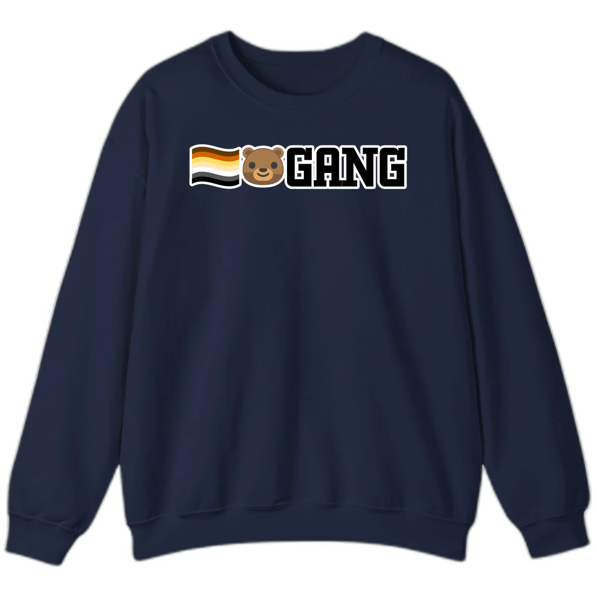 Bear gang pride design with smiling brown bear face, bear pride flag stripes, and bold 'GANG' text in Navy