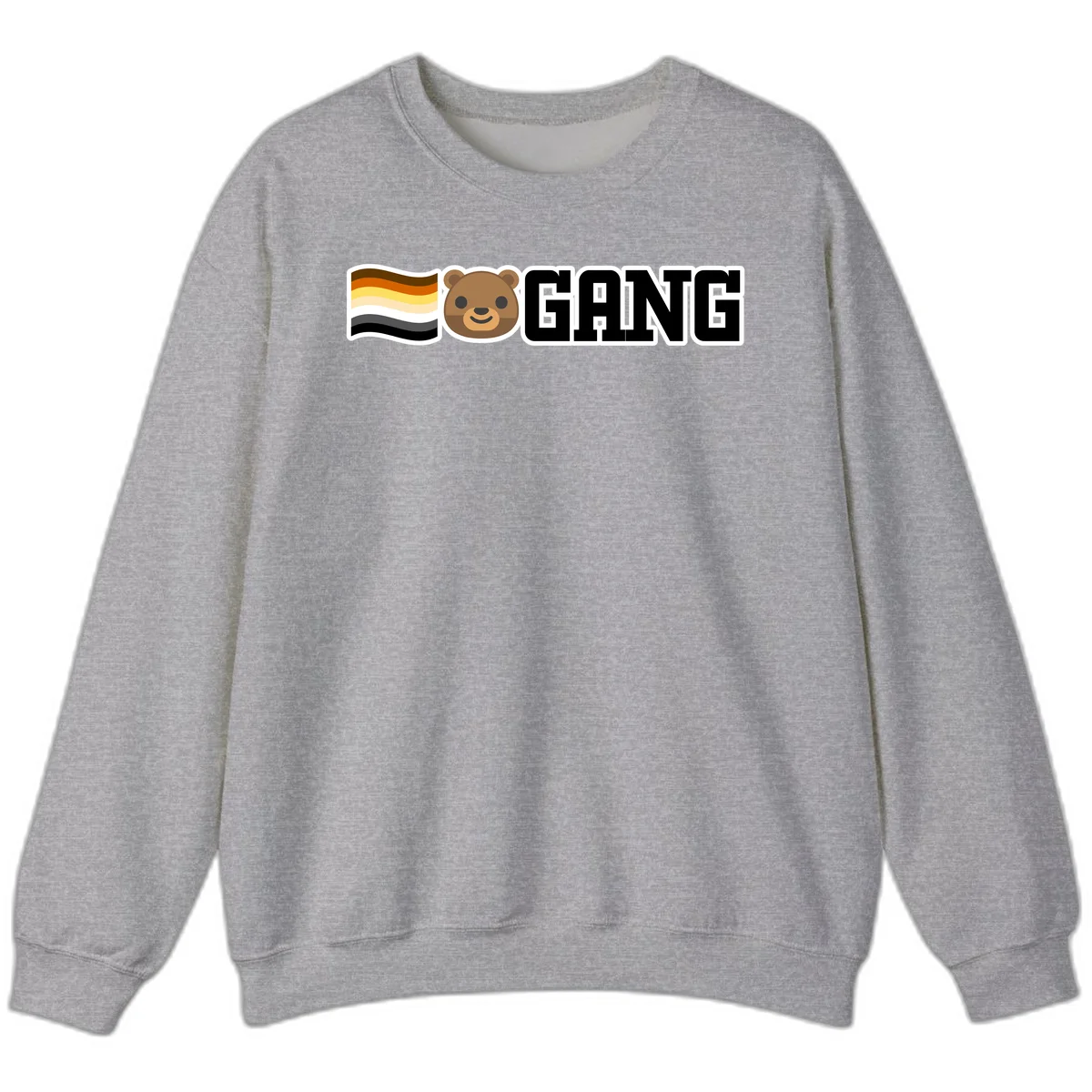 Bear gang pride design with smiling brown bear face, bear pride flag stripes, and bold 'GANG' text in Sport Grey