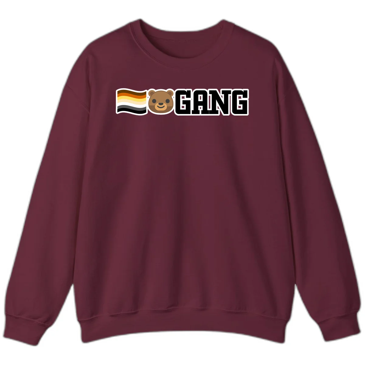 Bear gang pride design with smiling brown bear face, bear pride flag stripes, and bold 'GANG' text in Maroon
