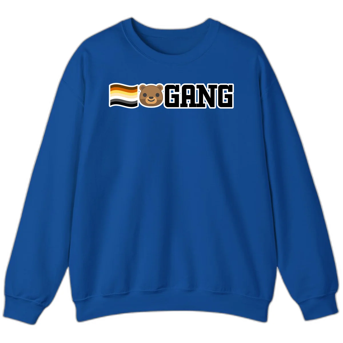 Bear gang pride design with smiling brown bear face, bear pride flag stripes, and bold 'GANG' text in Royal