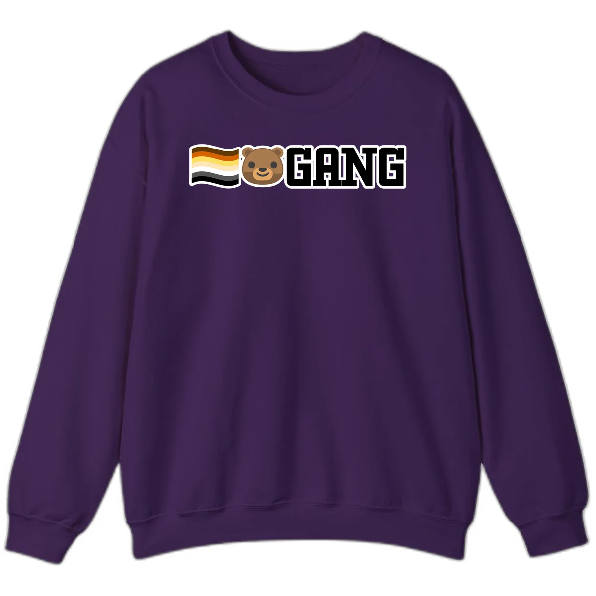 Bear gang pride design with smiling brown bear face, bear pride flag stripes, and bold 'GANG' text in Purple