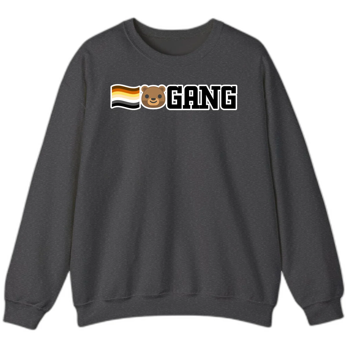 Bear gang pride design with smiling brown bear face, bear pride flag stripes, and bold 'GANG' text in Dark Heather