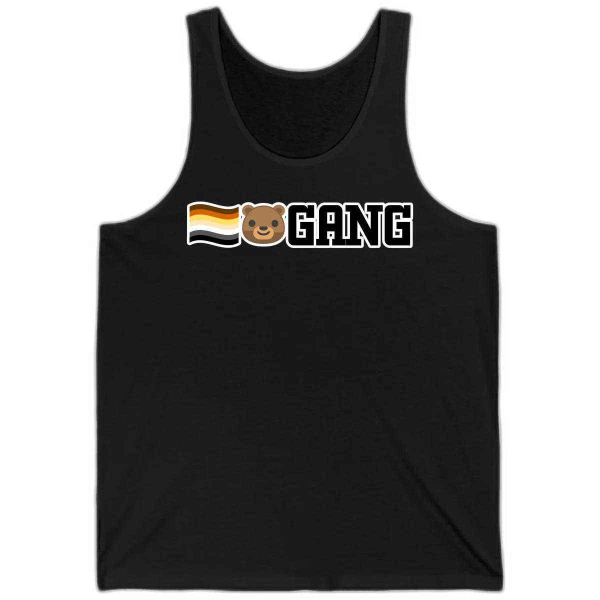 Bear gang pride design with smiling brown bear face, bear pride flag stripes, and bold 'GANG' text in Black