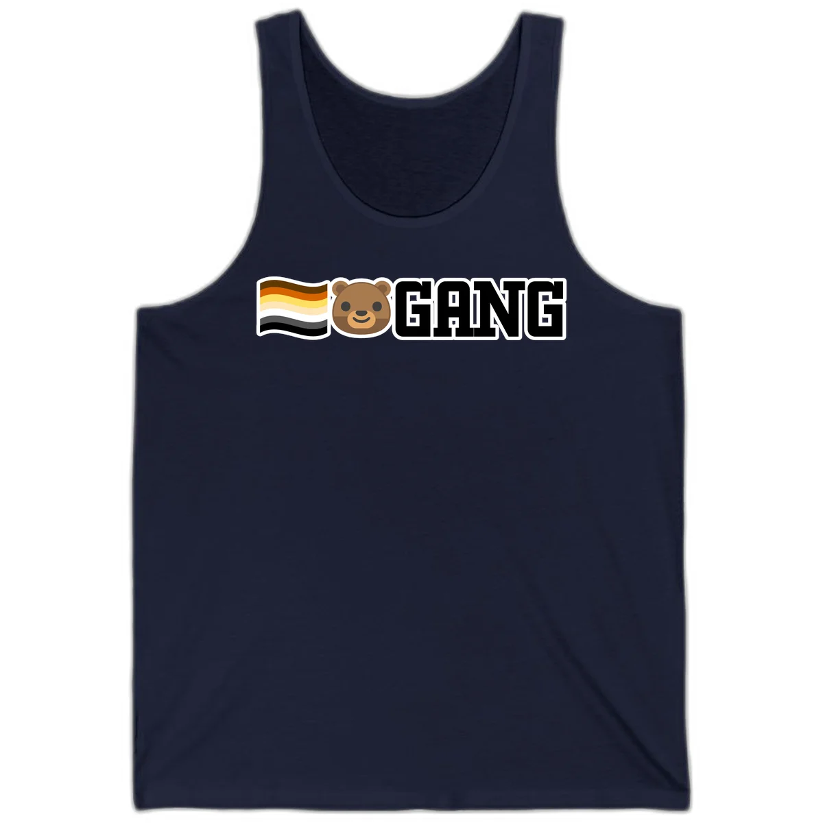 Bear gang pride design with smiling brown bear face, bear pride flag stripes, and bold 'GANG' text in Navy