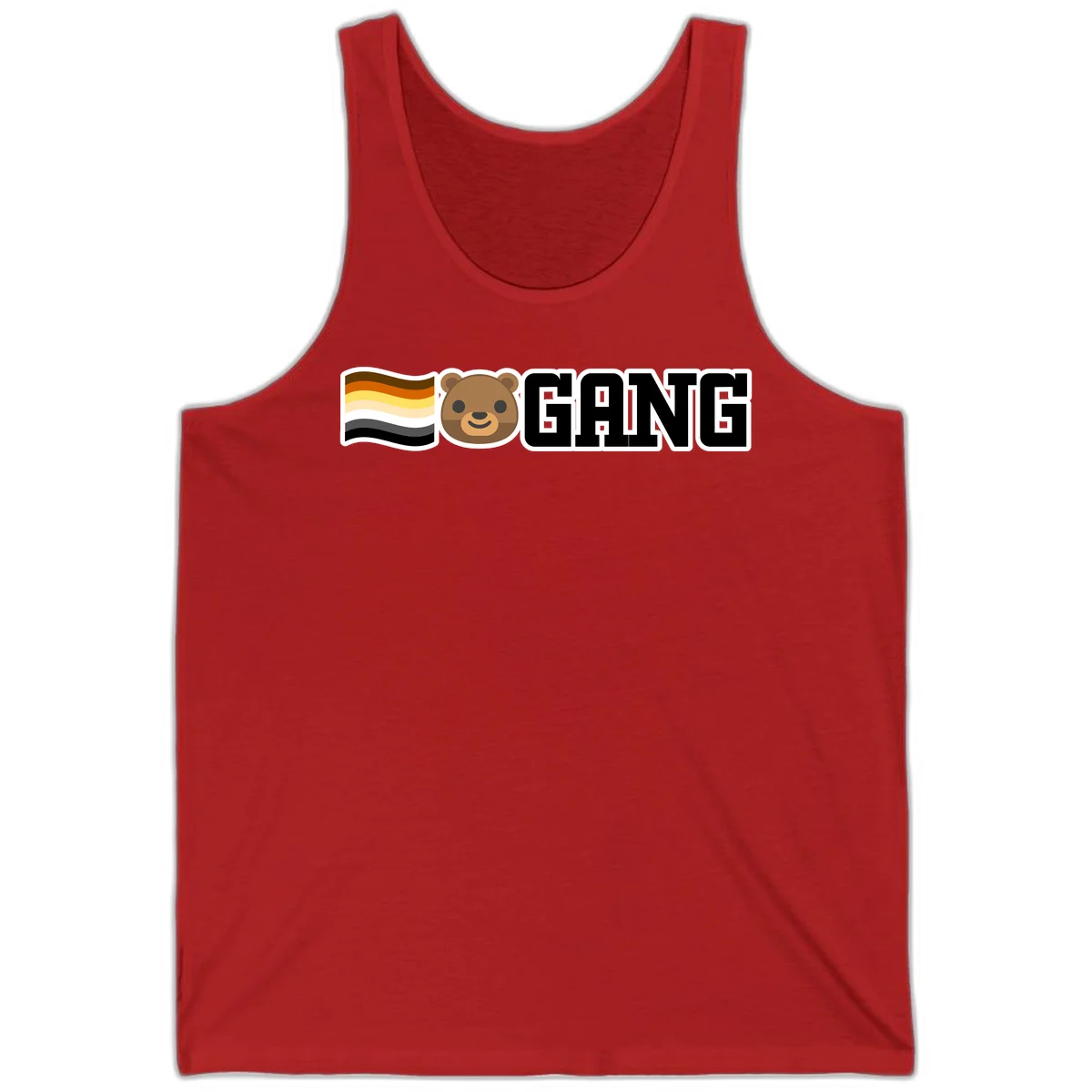 Bear gang pride design with smiling brown bear face, bear pride flag stripes, and bold 'GANG' text in Red