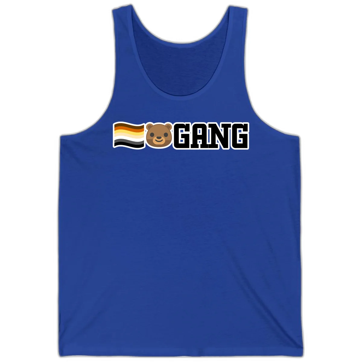 Bear gang pride design with smiling brown bear face, bear pride flag stripes, and bold 'GANG' text in True Royal