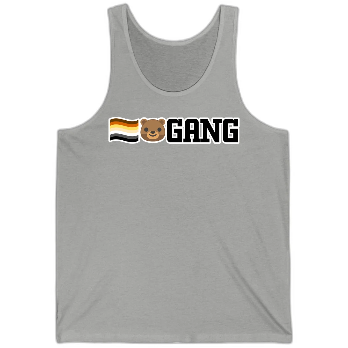 Bear gang pride design with smiling brown bear face, bear pride flag stripes, and bold 'GANG' text in Athletic Heather
