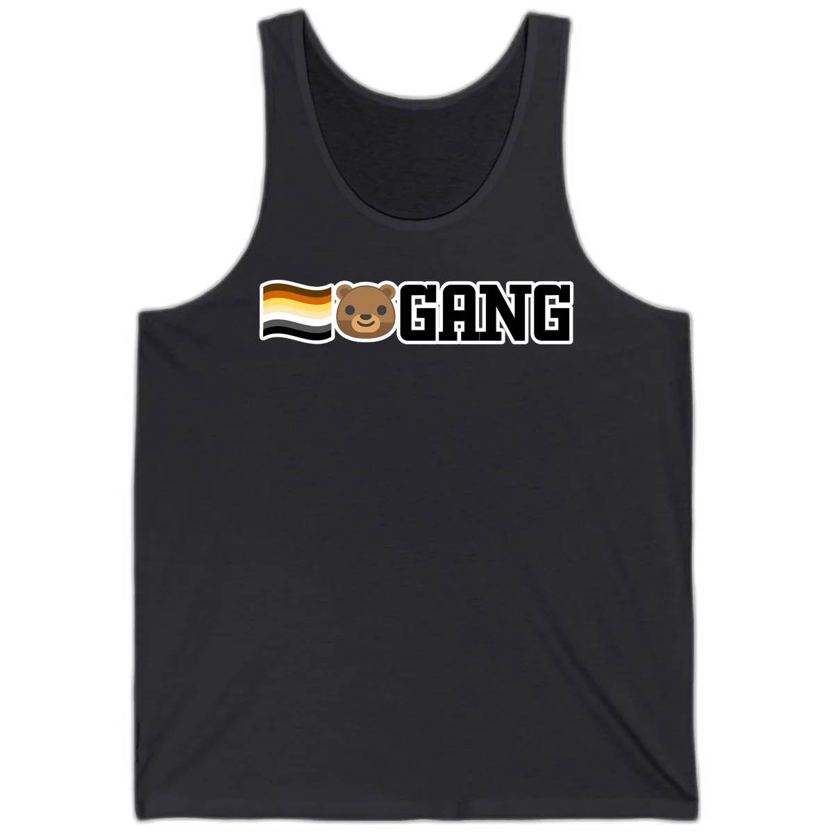 Bear gang pride design with smiling brown bear face, bear pride flag stripes, and bold 'GANG' text in Dark Grey