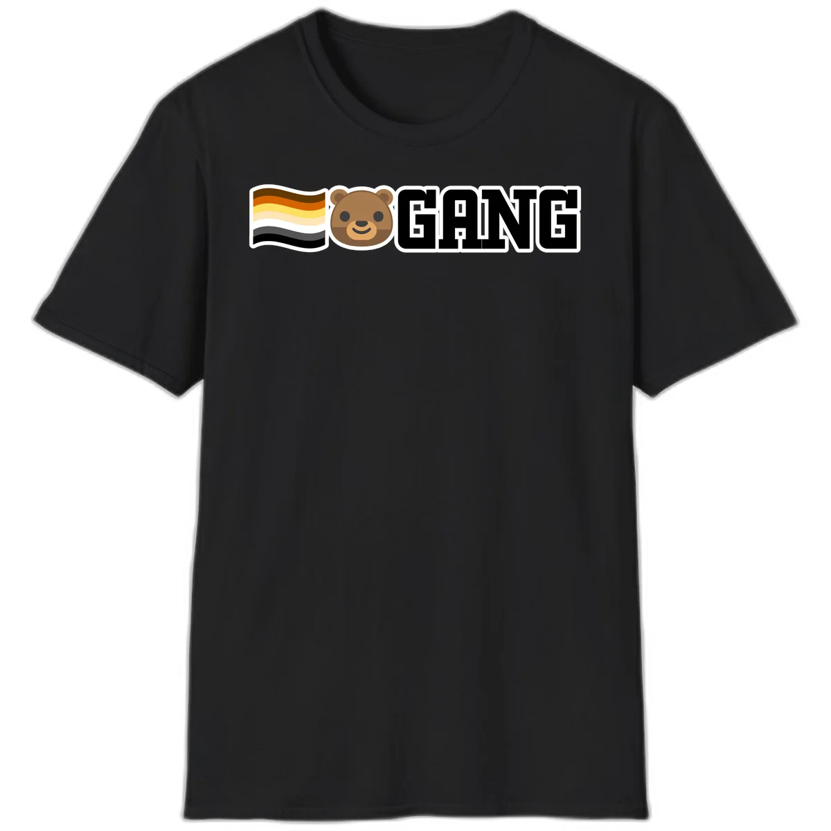 Bear gang pride design with smiling brown bear face, bear pride flag stripes, and bold 'GANG' text in Black